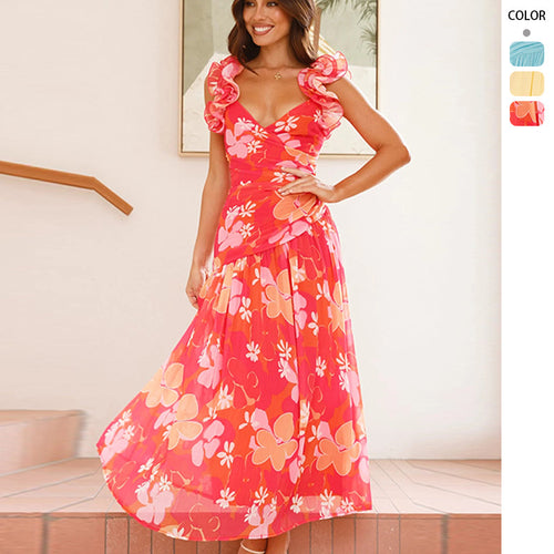 Fluid maxi dress for women with voluminous ruffles and V-neck Chic & Stil