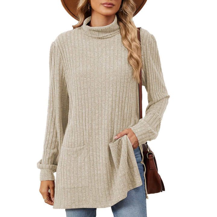 Ladies elegant top in structured knit with high collar and side pockets Lune London