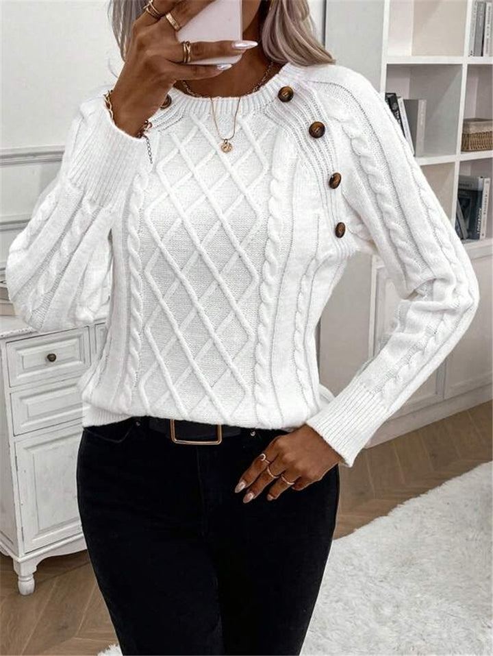 Knitted sweater for women with a textured diamond pattern and decorative buttons Lune London