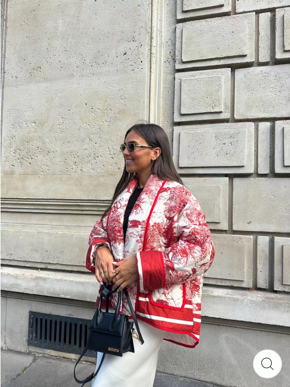 Ladies Oversized Quilted Jacket with Floral Pattern and Contrasting Details Lune London