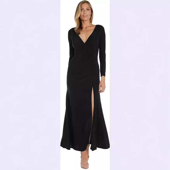 Elegant maxi dress for women with deep V-neckline and side slit Lune London