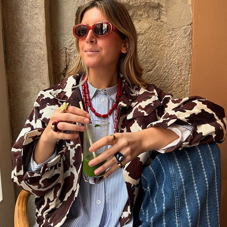 Faux leather jacket for women with a modern design in cow print Lune London