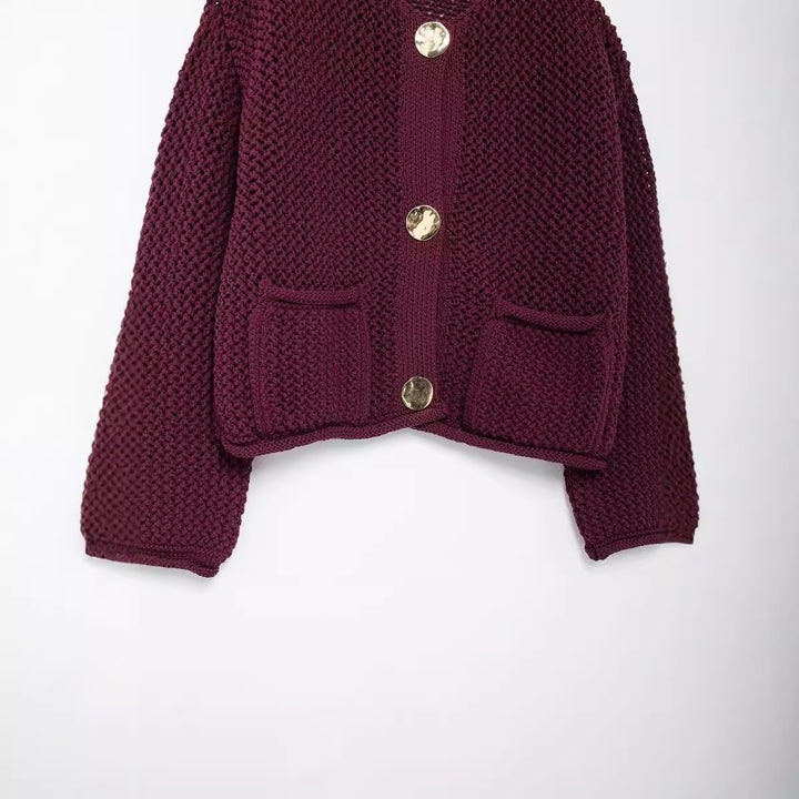 Ladies fashion cardigan with gold buttons and piped pockets Lune London