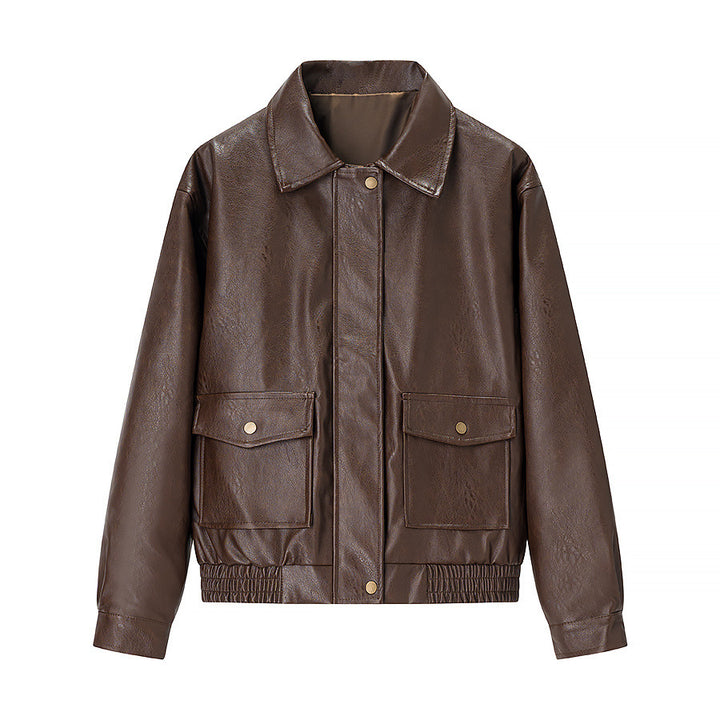 Women’s leather jacket with practical pockets and elastic waist Lune London