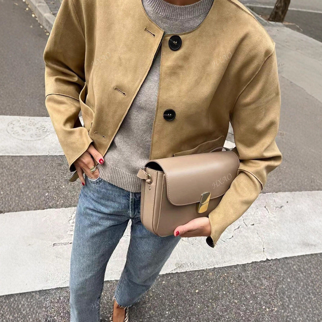 Fashionable women's suede jacket with front pockets and button detail Lune London
