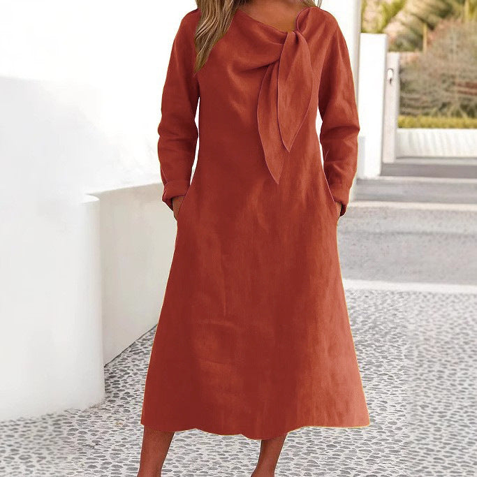 Elegant linen dress for women with asymmetric collar and shawl collar Lune London