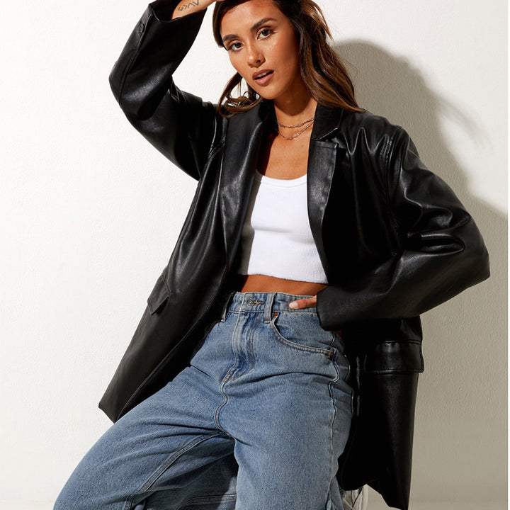 Ladies Oversized Blazer in Faux Leather Lune London