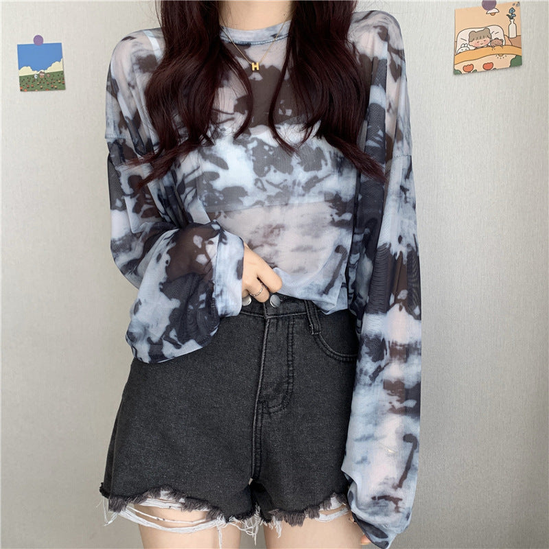 Women's transparent long sleeve top with modern tie-dye pattern Chic & Stil