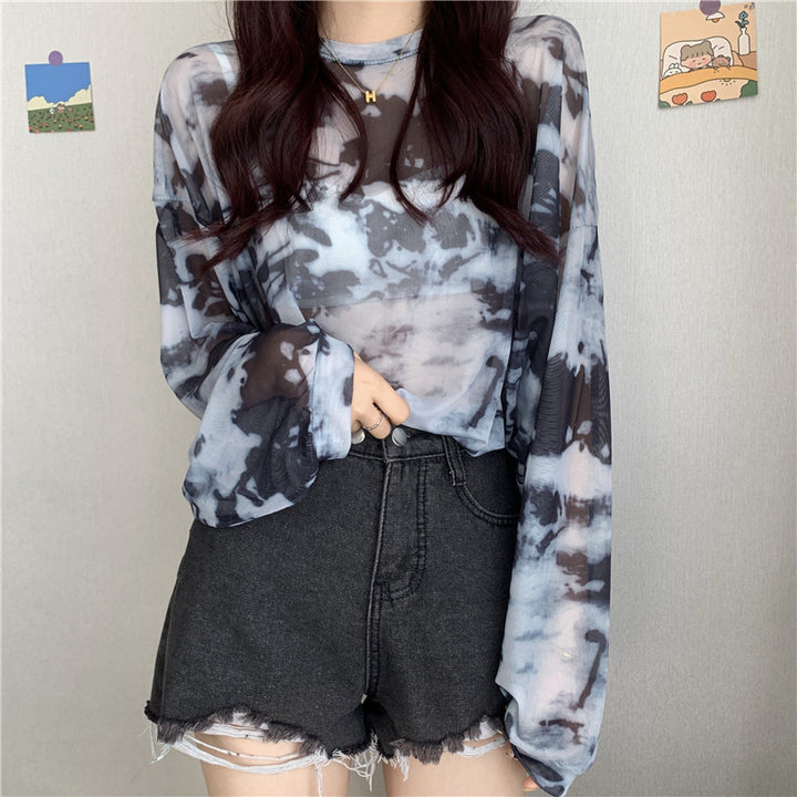 Women's transparent long sleeve top with modern tie-dye pattern Chic & Stil