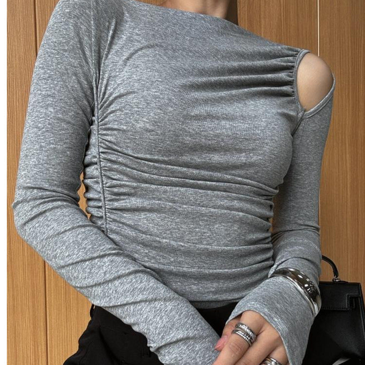 Women's asymmetrical long sleeve shirt with gathering on the side