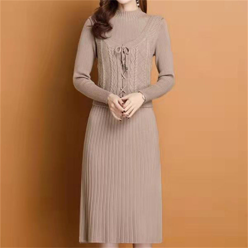 Elegant knitted dress for women with high collar and decorative braid design Lune London