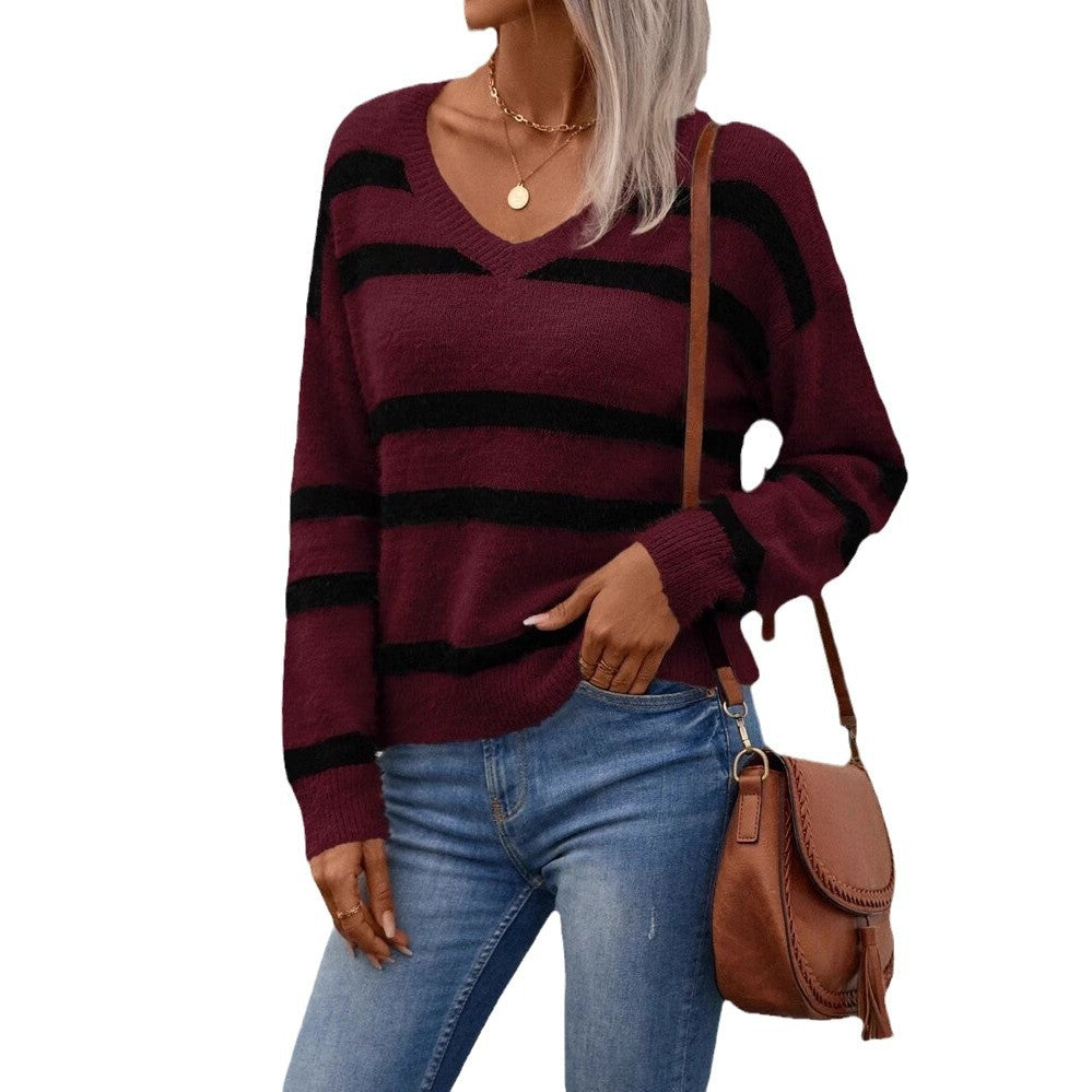Women's sweater with V-neck, wide stripes and soft material Lune London