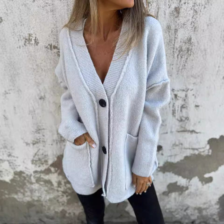 Ladies soft knit cardigan with deep V-neck and large pockets Lune London