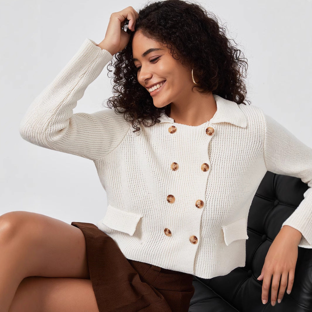 Women's knitted jacket with double-breasted button placket and decorative pockets Lune London
