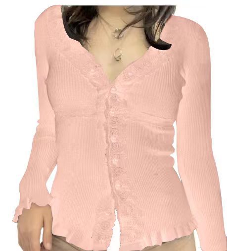 Women's knitted top with romantic lace and ruffle details Lune London