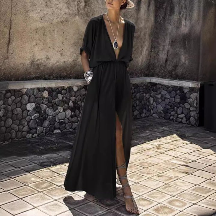 Women's Elegant Maxi Dress with Deep V-Neck and High Slit Lune London