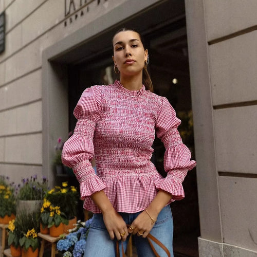 Ruffled blouse for women with gingham pattern and elegant puff sleeves Lune London