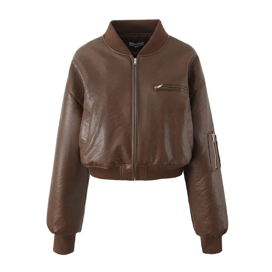 Short faux leather jacket for women with zip closure and practical pockets Lune London
