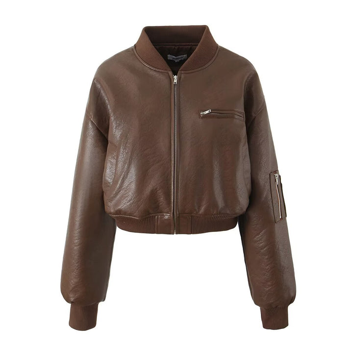 Short faux leather jacket for women with zip closure and practical pockets Lune London