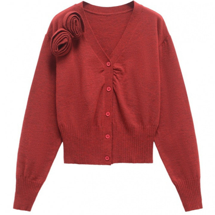 Fashion knitted jacket for women with snap button closure and decorative ruffle detail Lune London
