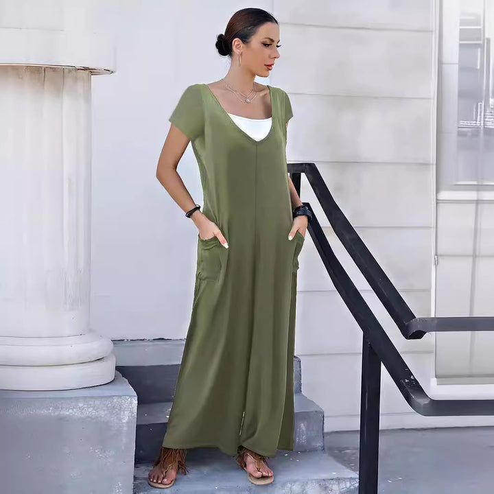 Fluid jumpsuit for women with practical pockets and V-neck Lune London
