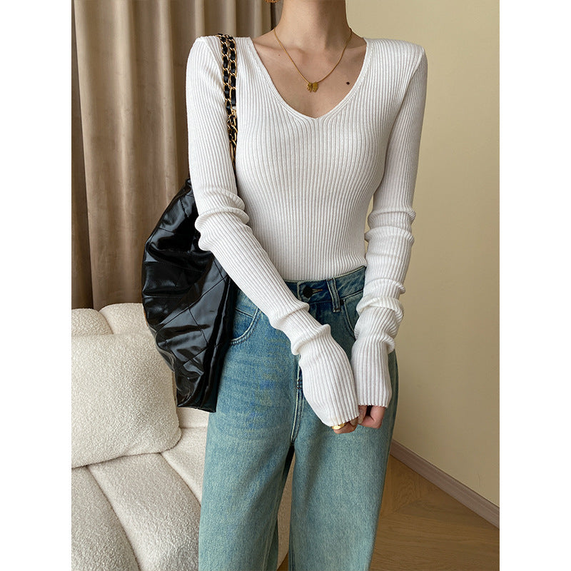 Women's fine rib long sleeve shirt with V-neck Chic & Stil