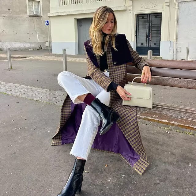 Plaid trench coat for women with luxurious velvet details Lune London