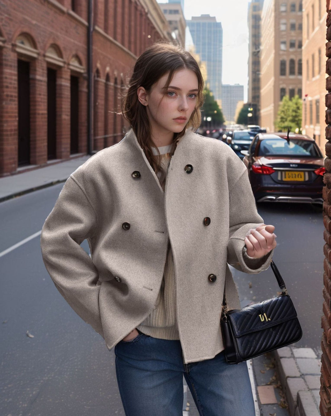 Trendy short jacket for women with double-breasted buttons and casual sleeves Lune London