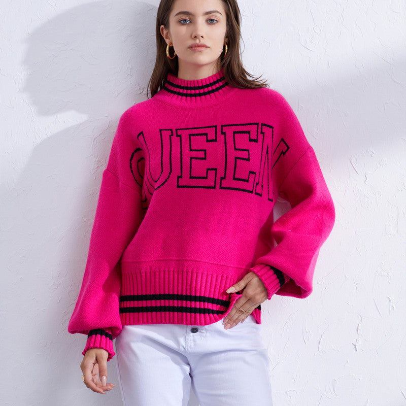 Sporty women’s sweater with high collar and trendy inscription Lune London