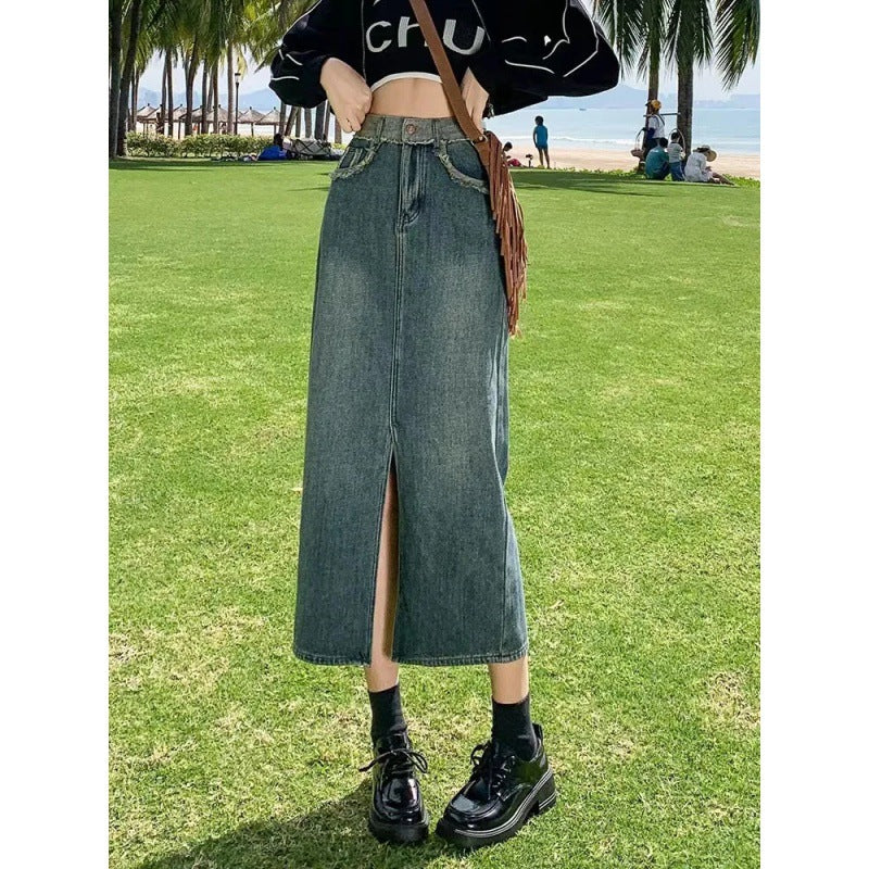 Jupe en denim longue pour femme avec fente haute Chic & Stil