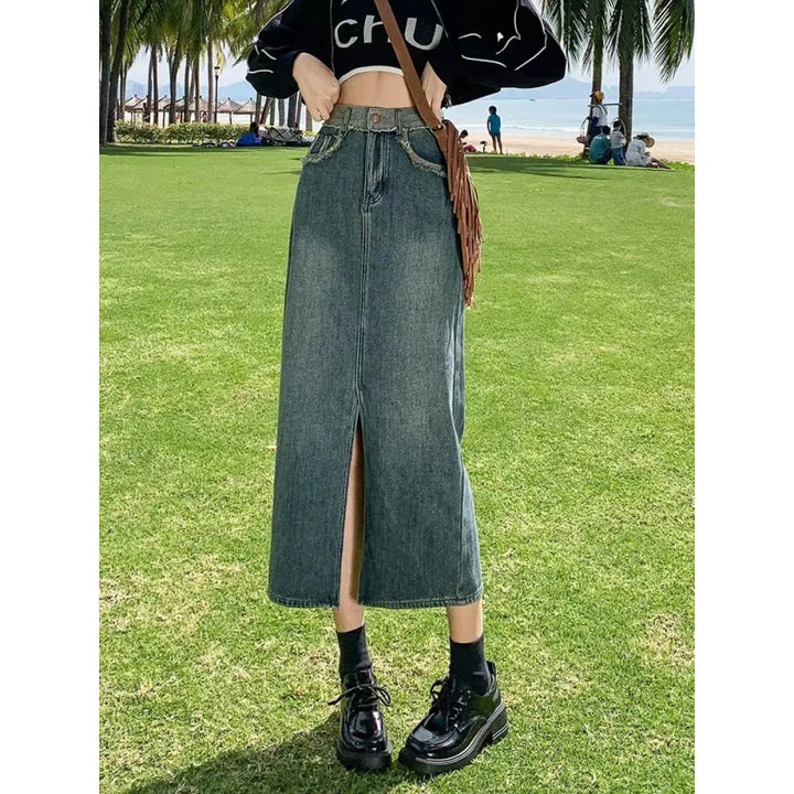 Jupe en denim longue pour femme avec fente haute Chic & Stil