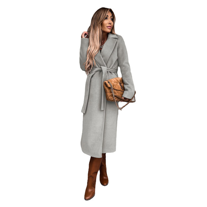 Ladies Elegant Long Coat with Waist Belt and Slim Chic Cut and Style