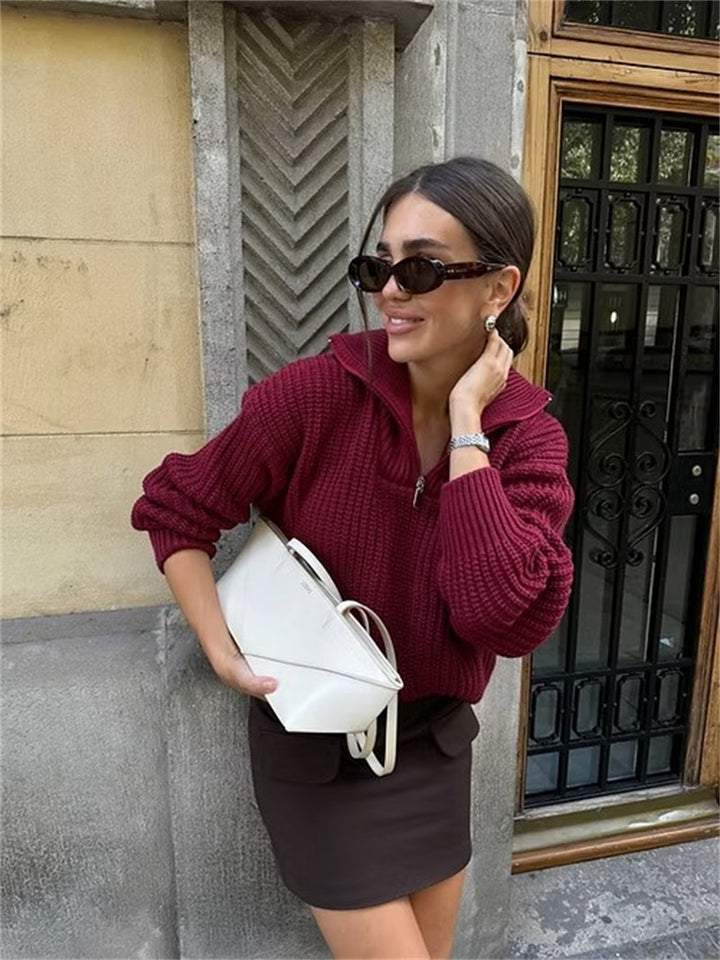 Women's thick knit sweater with high collar and zipper Lune London