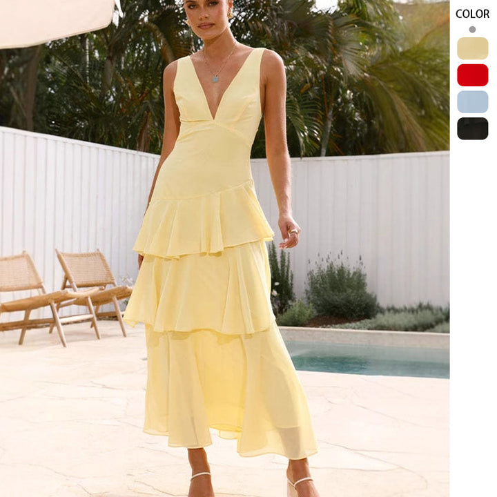 Maxi dress for women with asymmetrical ruffles and elegant V neck Chic & Stil