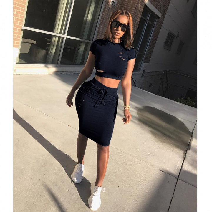 Ensemble femme de top court et jupe-pantalon ajustée avec cordon de serrage Chic & Stil