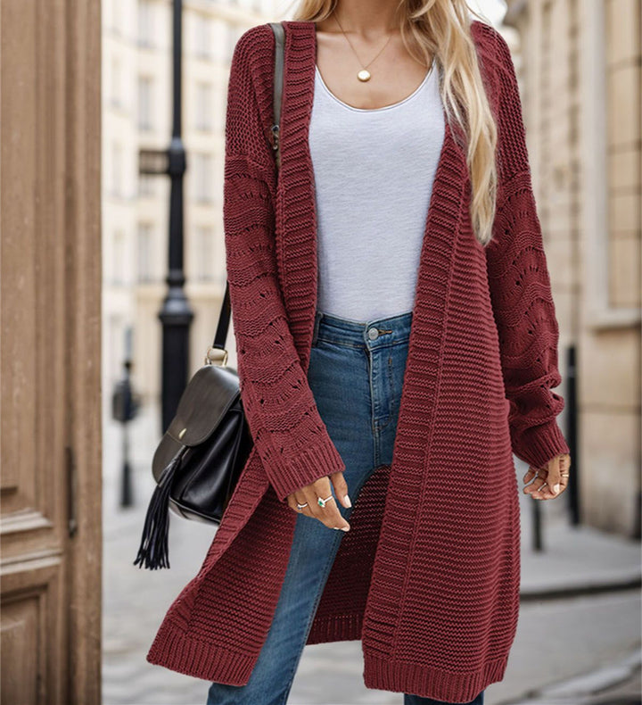 Ladies Long Knit Cardigan with an airy mesh structure and an open front Lune London