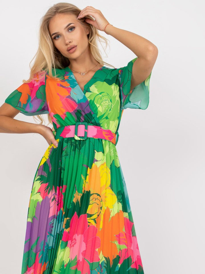 Chic Floral Pleated Maxi Dress for Women with Belt