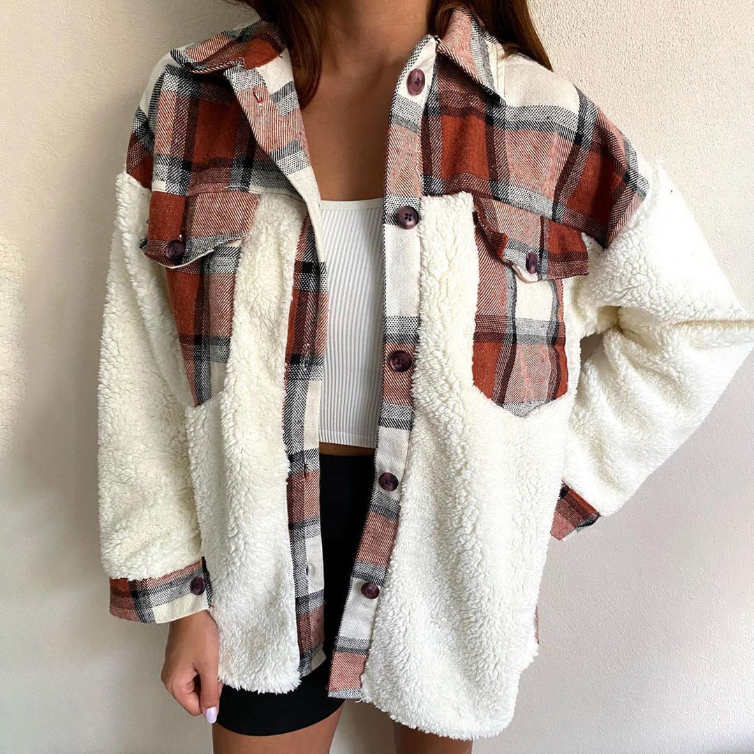 Ladies Cozy Puffer Jacket with Chic Plaid Panel and Style