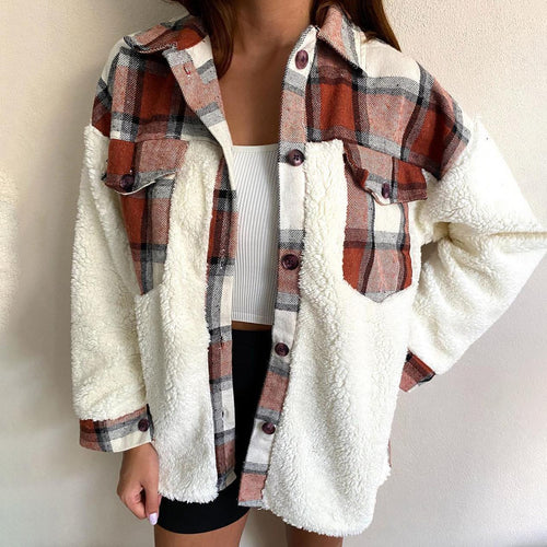 Ladies Cozy Puffer Jacket with Chic Plaid Panel and Style