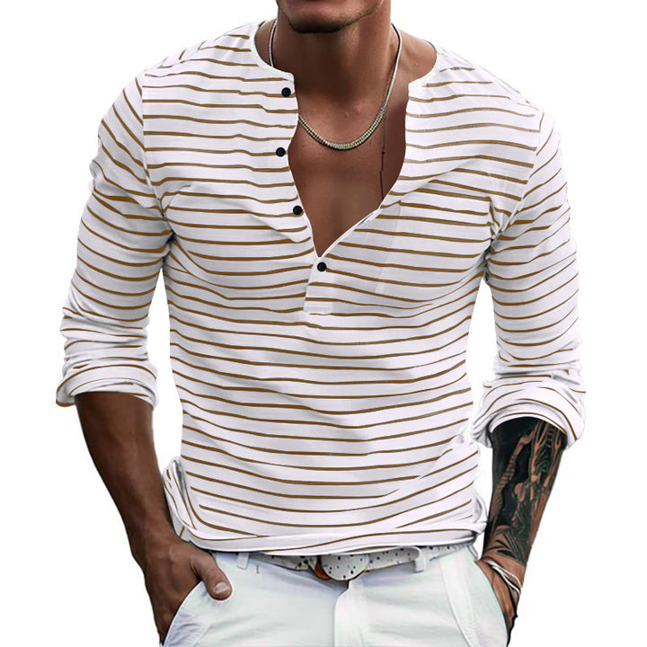 Striped long-sleeved shirt for men with button placket and V-neck Lune London