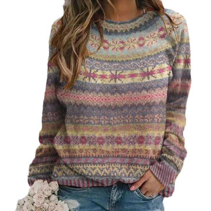 Women's Knit Sweater with Colorful Norwegian Pattern and Round Neck Chic Und Stil