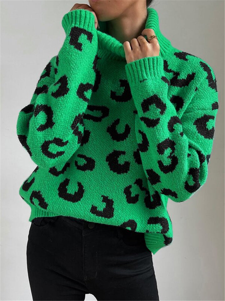 Lune London Women’s High Neck Sweater with Leopard Pattern