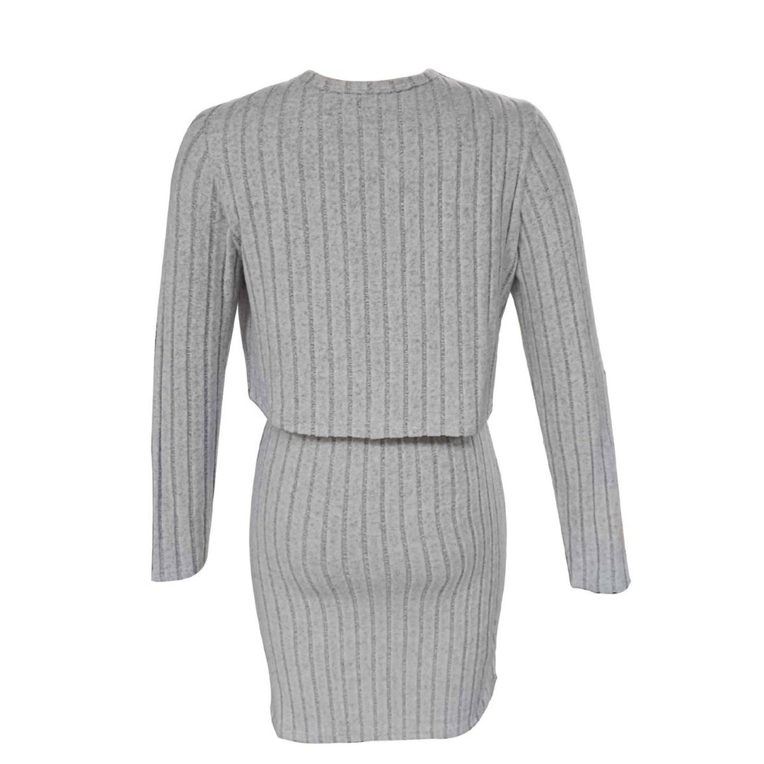Fitted maxi dress for women with registered ribbed structure and lightweight cardigan Lune London