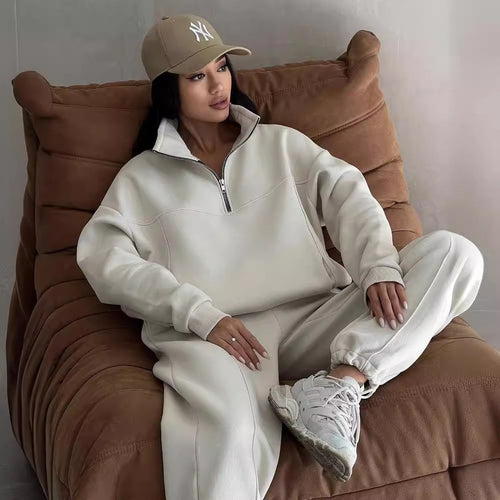 Chic and Stylish women's casual sweatshirt and jogger pants set with high collar