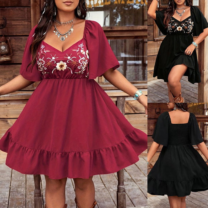 Long summer dress for ladies with artistic embroidery and fluid hem Lune London