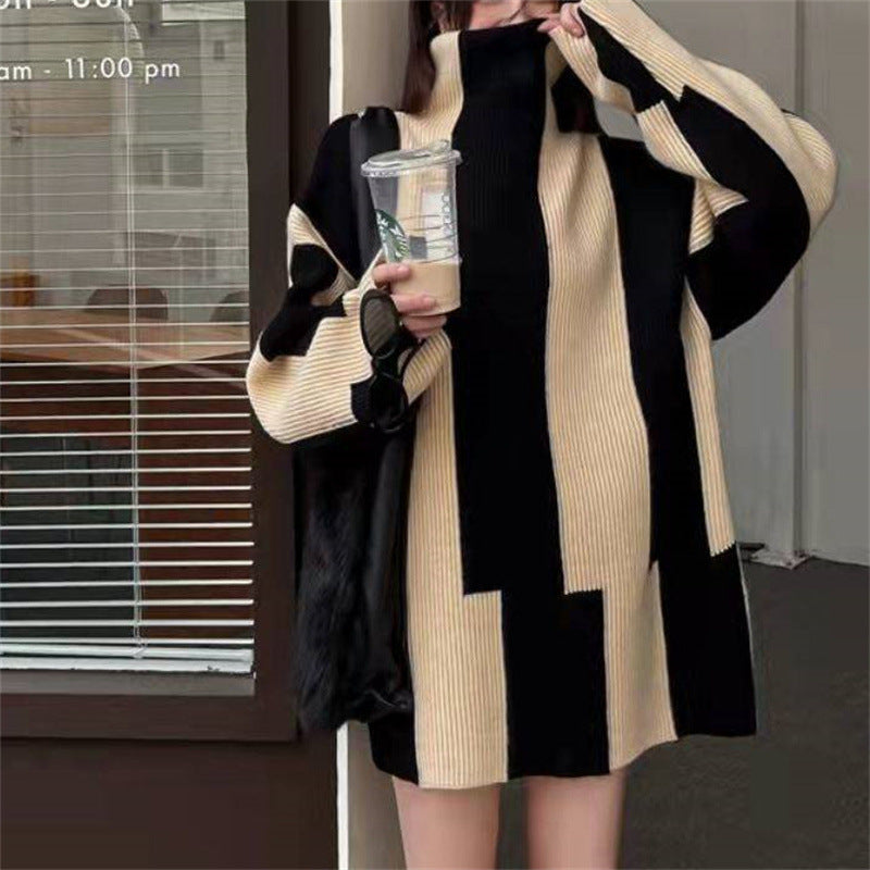 Oversized knit dress for ladies with high collar and graphic pattern Lune London