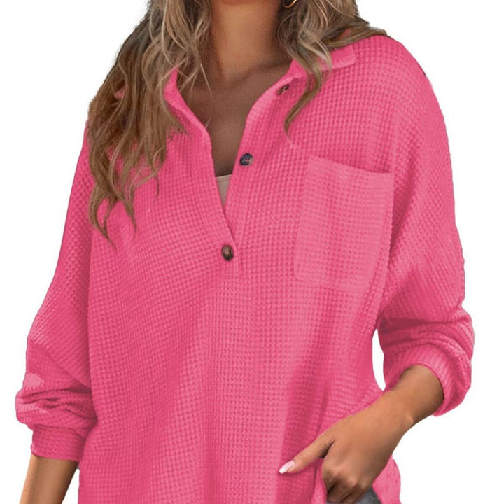 Casual waffle knit sweater for women with button placket and chest pocket Lune London
