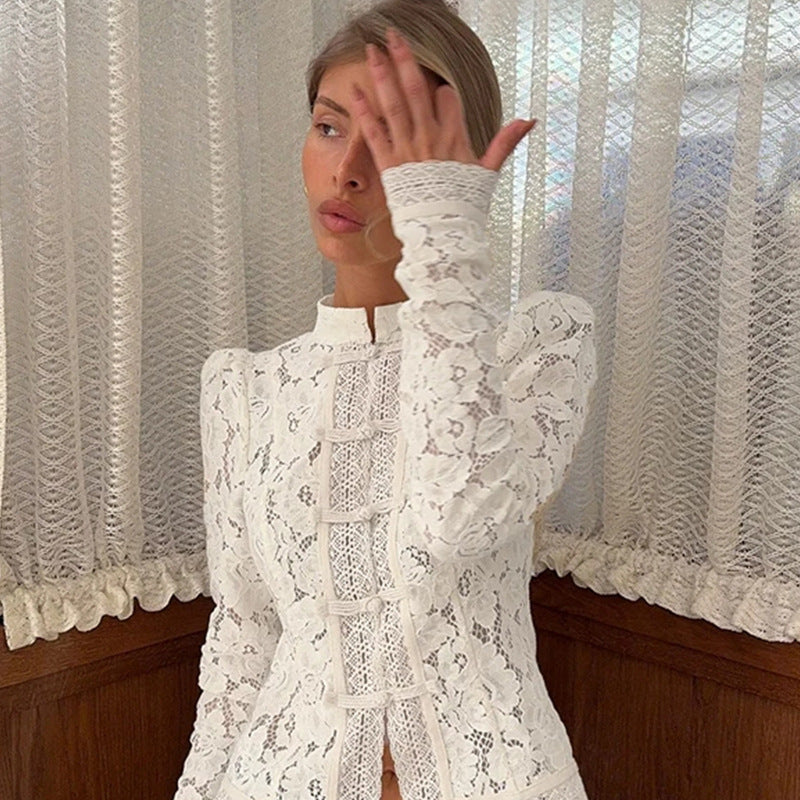 Lace blouse for women with fine gathered details and transparent sleeves Lune London