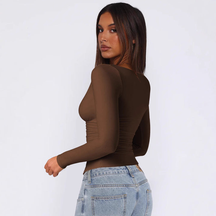Women Fitted Long-Sleeve Top with V-Neckline and Gathers Lune London