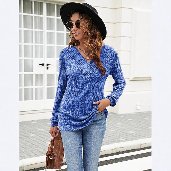 Women V-neck long sleeve ribbed texture sweater with comfortable fit Lune London